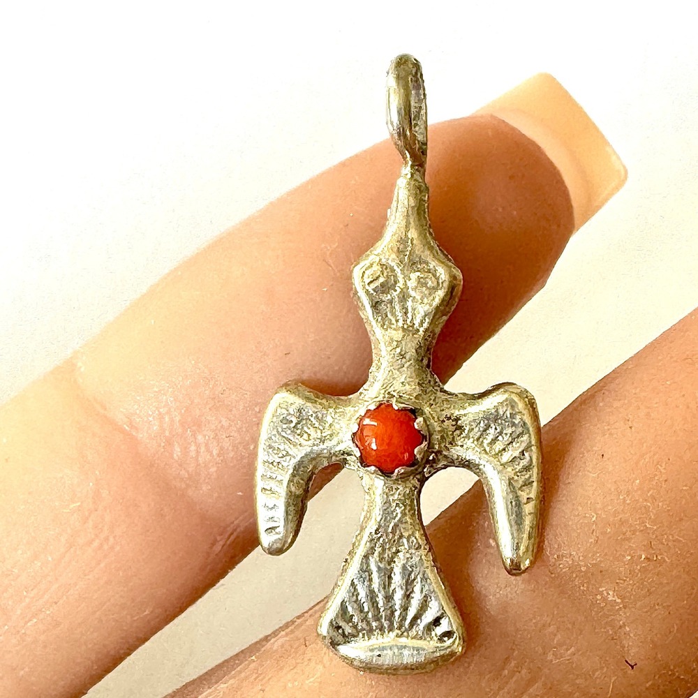 VTG Navajo Thunderbird Coral Pendant 1in Sterling Charm Native Small Peyote Bird